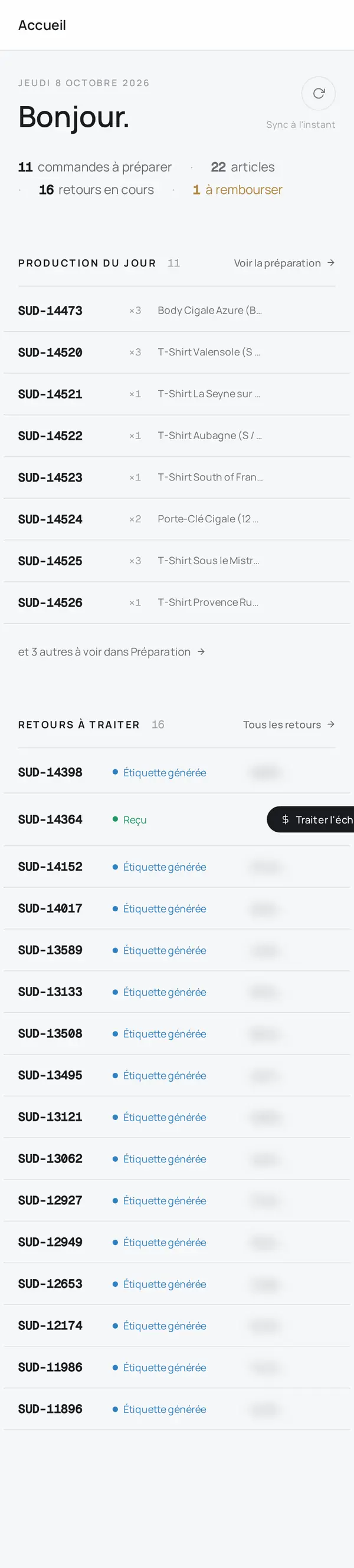 Capture sur mobile d'Aioli, l'outil interne de Sudist (noms des clients floutés)