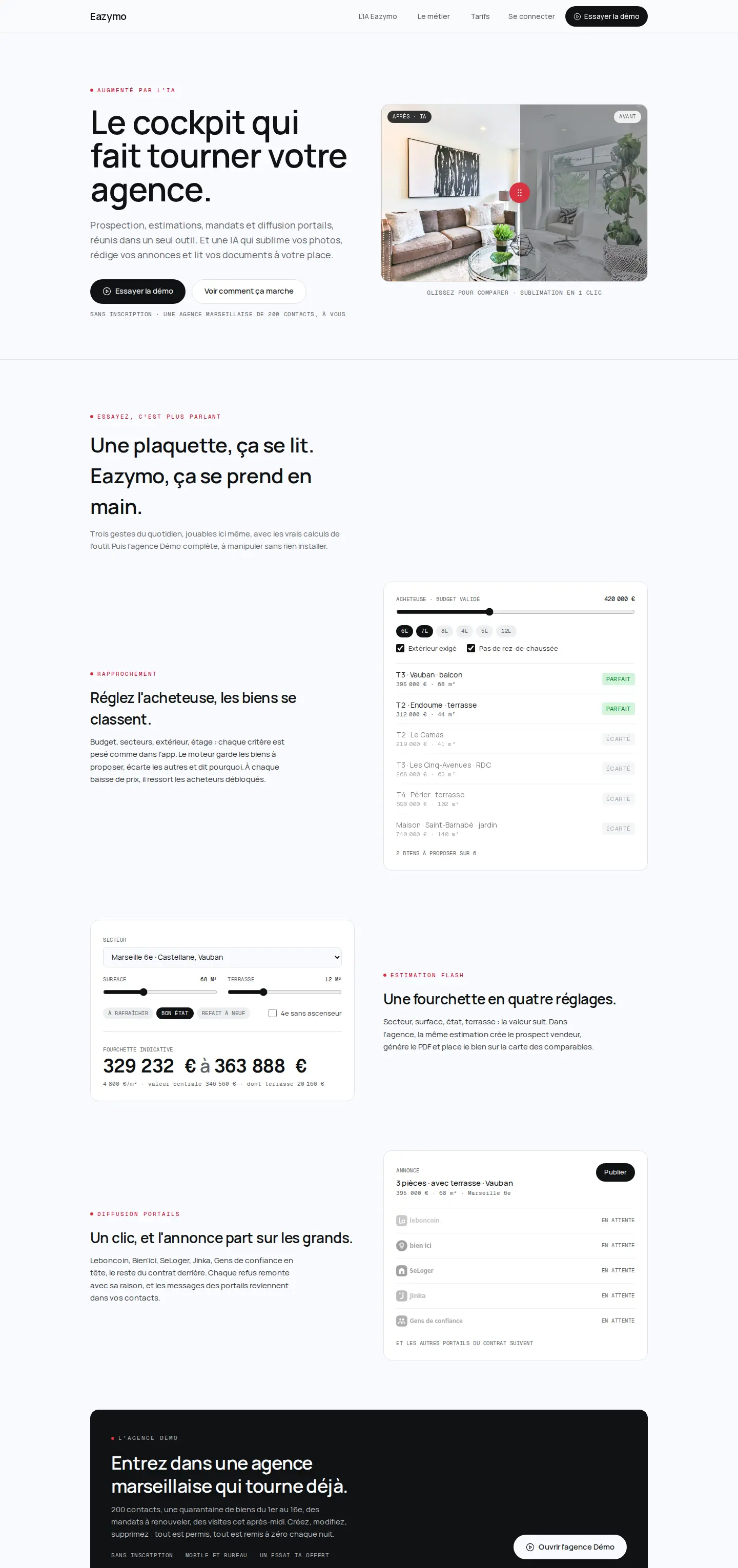 Capture sur ordinateur de la page d'accueil d'Eazymo, CRM immobilier boosté à l'IA
