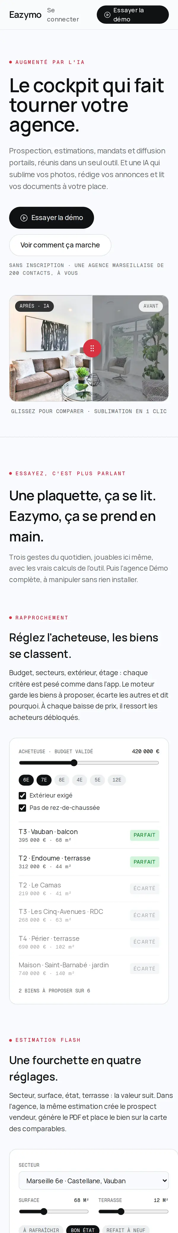 Capture sur mobile de la page d'accueil d'Eazymo, CRM immobilier boosté à l'IA