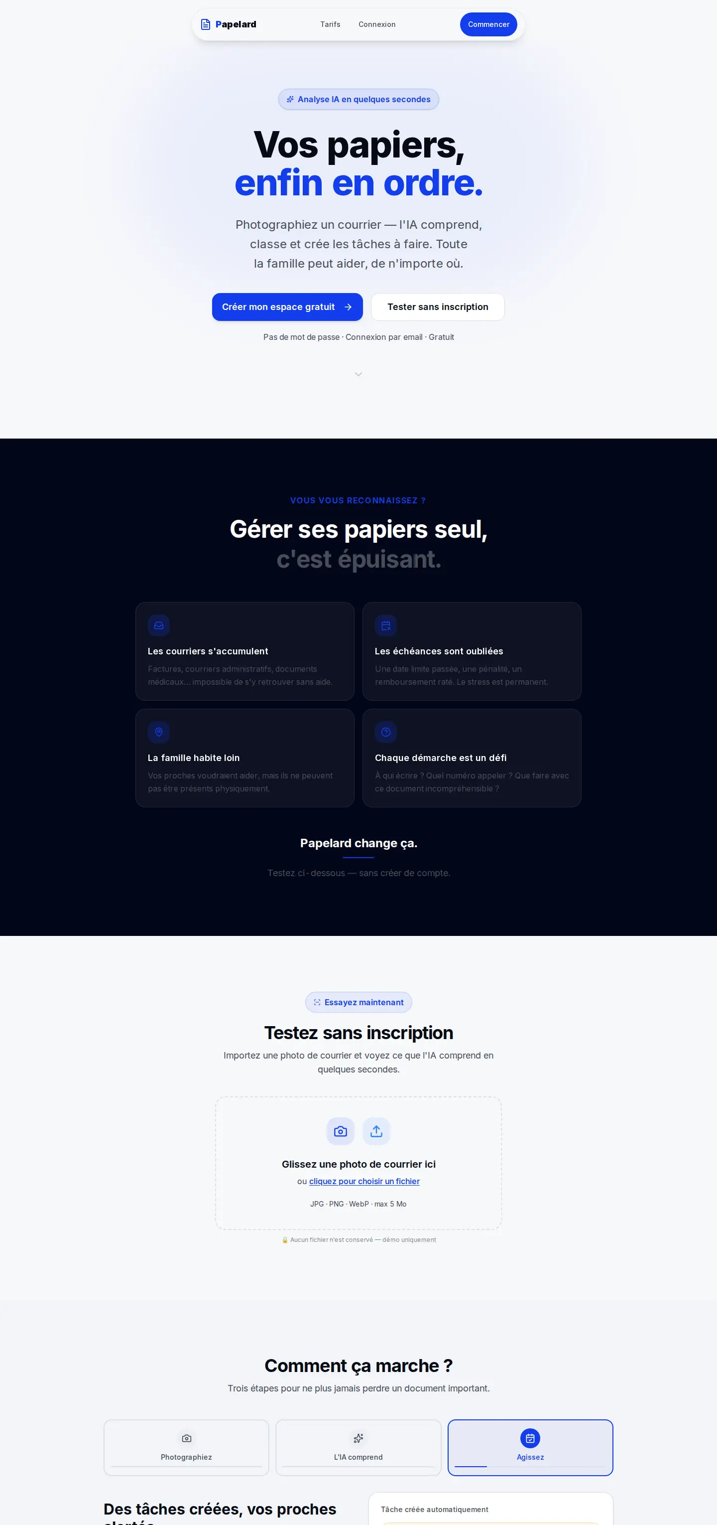 Capture sur ordinateur de la page d'accueil de Papelard, l'app qui range les papiers grâce à l'IA