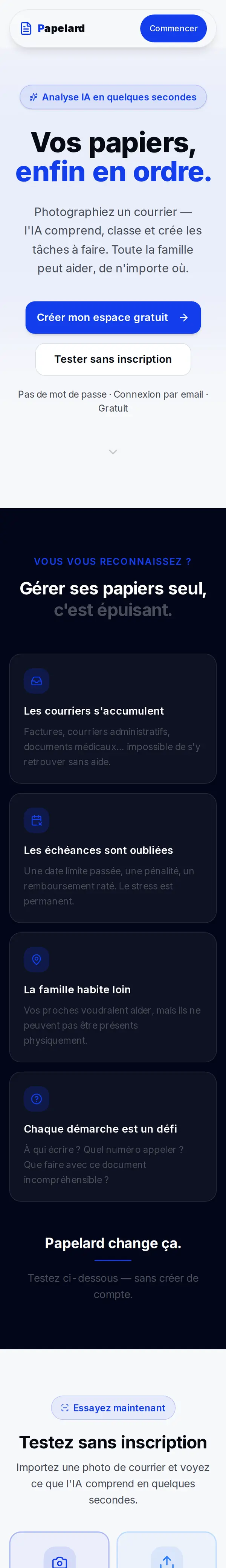 Capture sur mobile de la page d'accueil de Papelard, l'app qui range les papiers grâce à l'IA