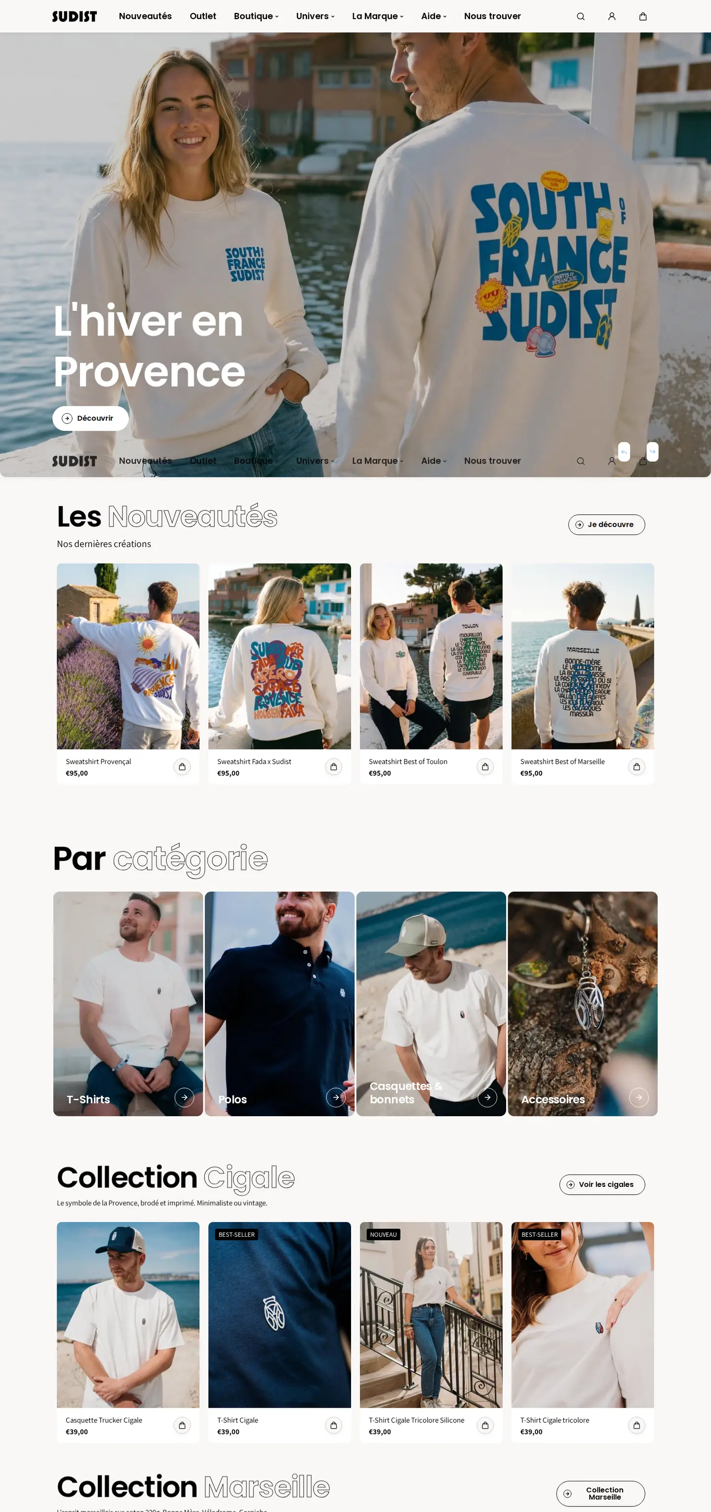 Capture sur ordinateur de la boutique Shopify de Sudist, marque provençale