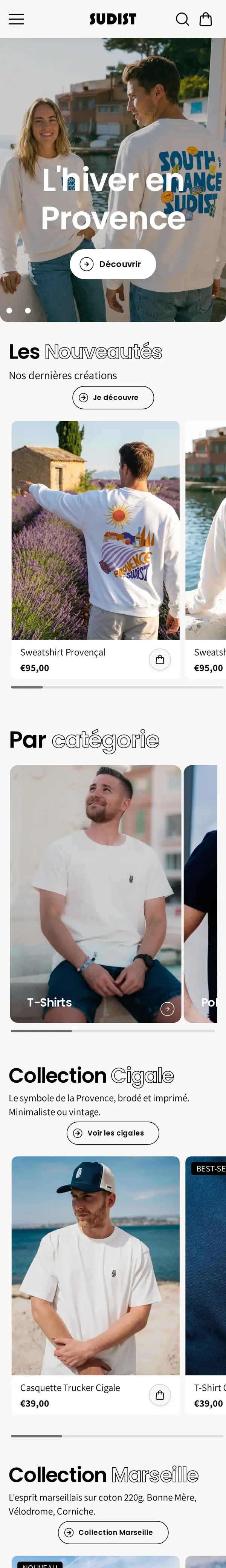 Capture sur mobile de la boutique Shopify de Sudist, marque provençale